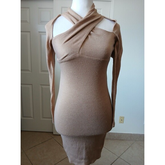 ASTR THE LABEL Wrap Neck Cutout Long Sleeve Brown Knit Dress Small - Picture 2 of 16